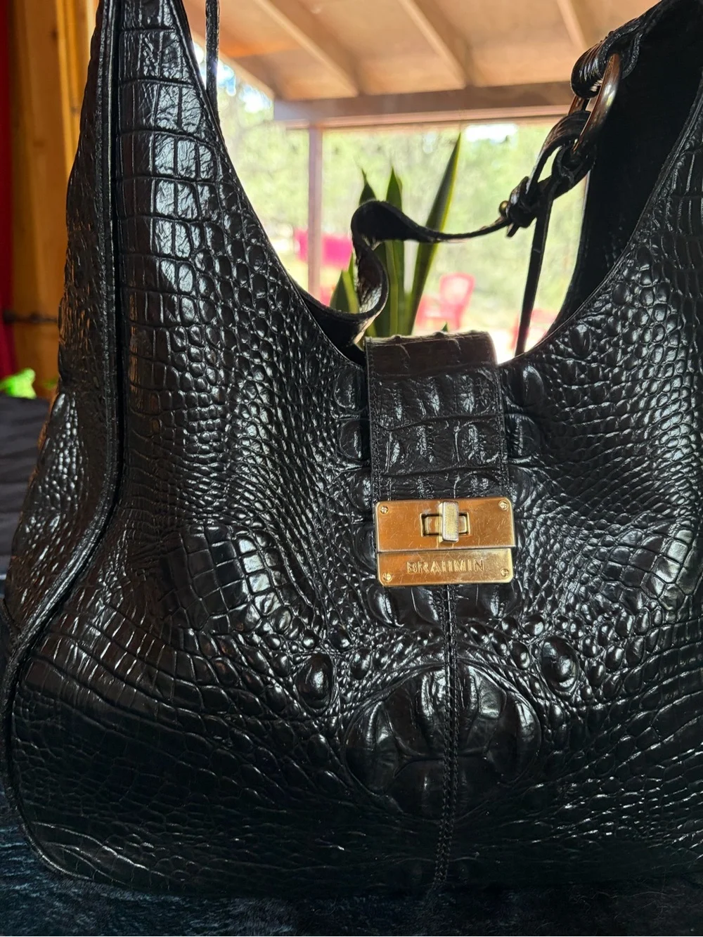 Brahmin Black Croc-Embossed Leather Shoulder Hobo with Gold Hardware